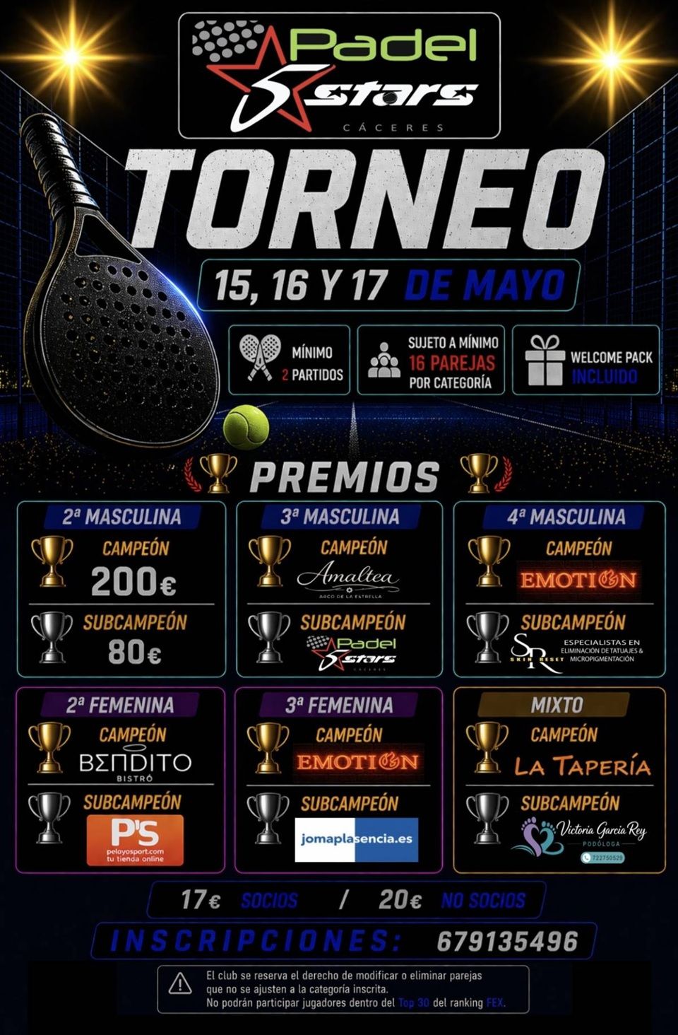 Cartel del torneo de pádel en Pádel 5 Stars Cáceres